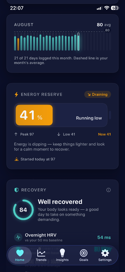 VitalLens Energy Reserve at 41% and Recovery score of 84