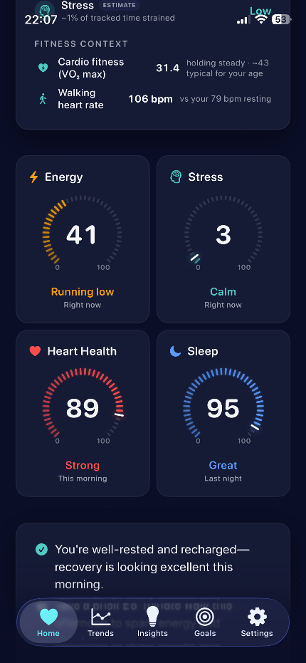 VitalLens Energy, Stress, Heart Health and Sleep gauges