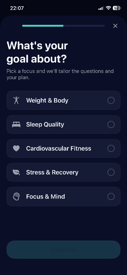 VitalLens goal focus picker — Weight, Sleep, Cardio, Stress, Focus